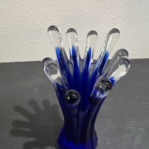 Vintage Hand Blown Cobalt Blue Clear Glass Vase Swung 10-Finger ~6.5” MCM Art